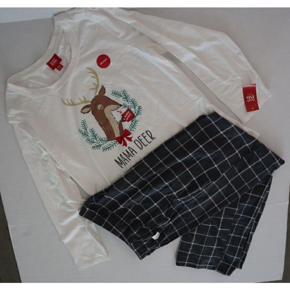 Family Pajamas Women's Sz Medium White/Gray Plaid Mama Deer Mix It 2-Piece Set